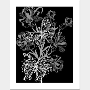 Black and White Butterflies and Flowers Posters and Art